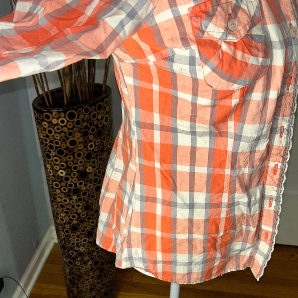 love, Fire Vibrant Orange and Gray Plaid Shirt - Picture 3 of 11